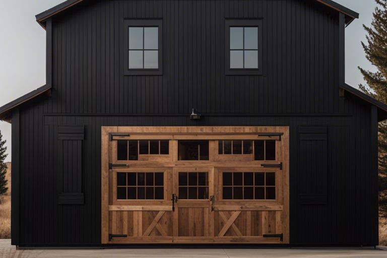 black barndominium with wood accents